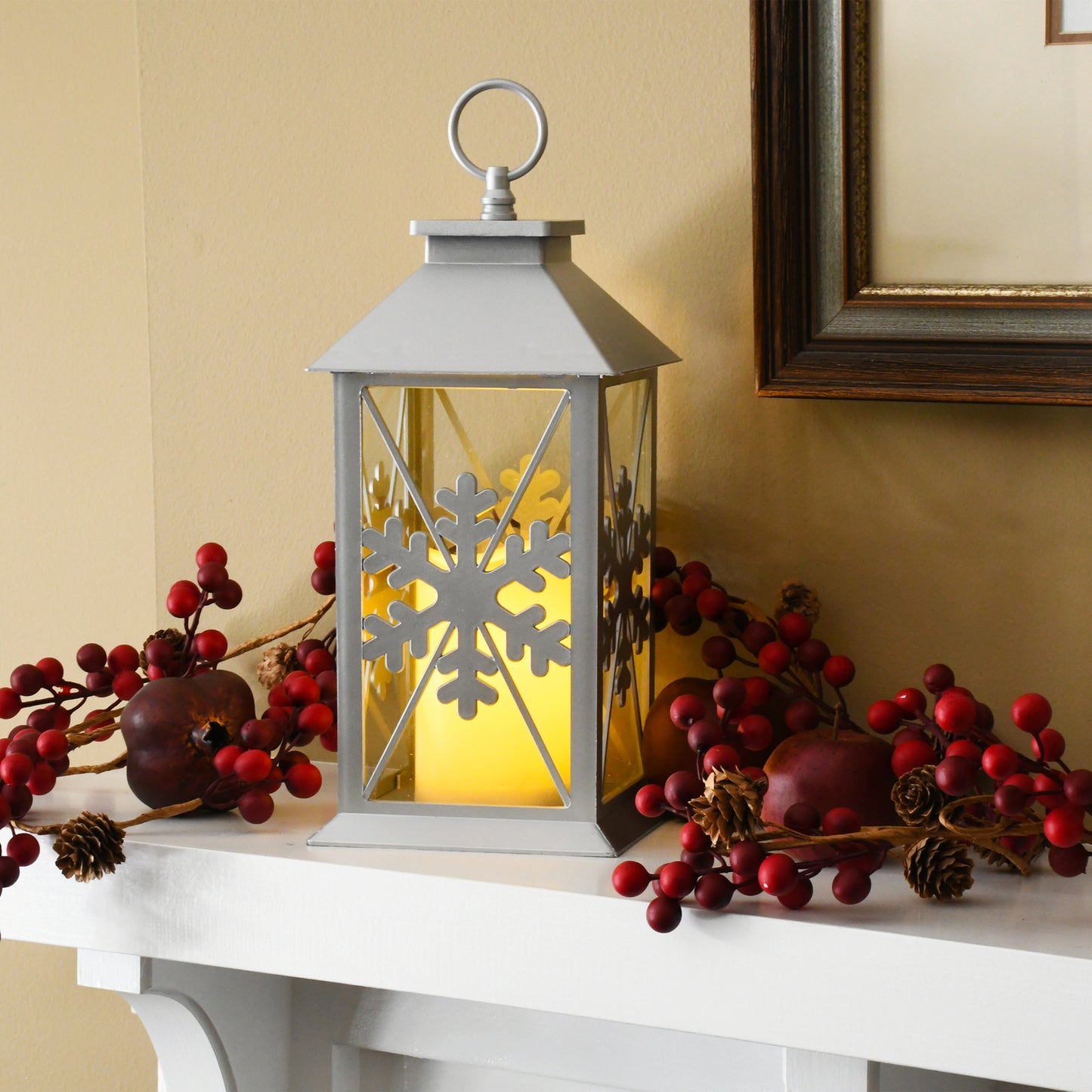 Silver Snowflake Lantern with Battery-Operated Candle