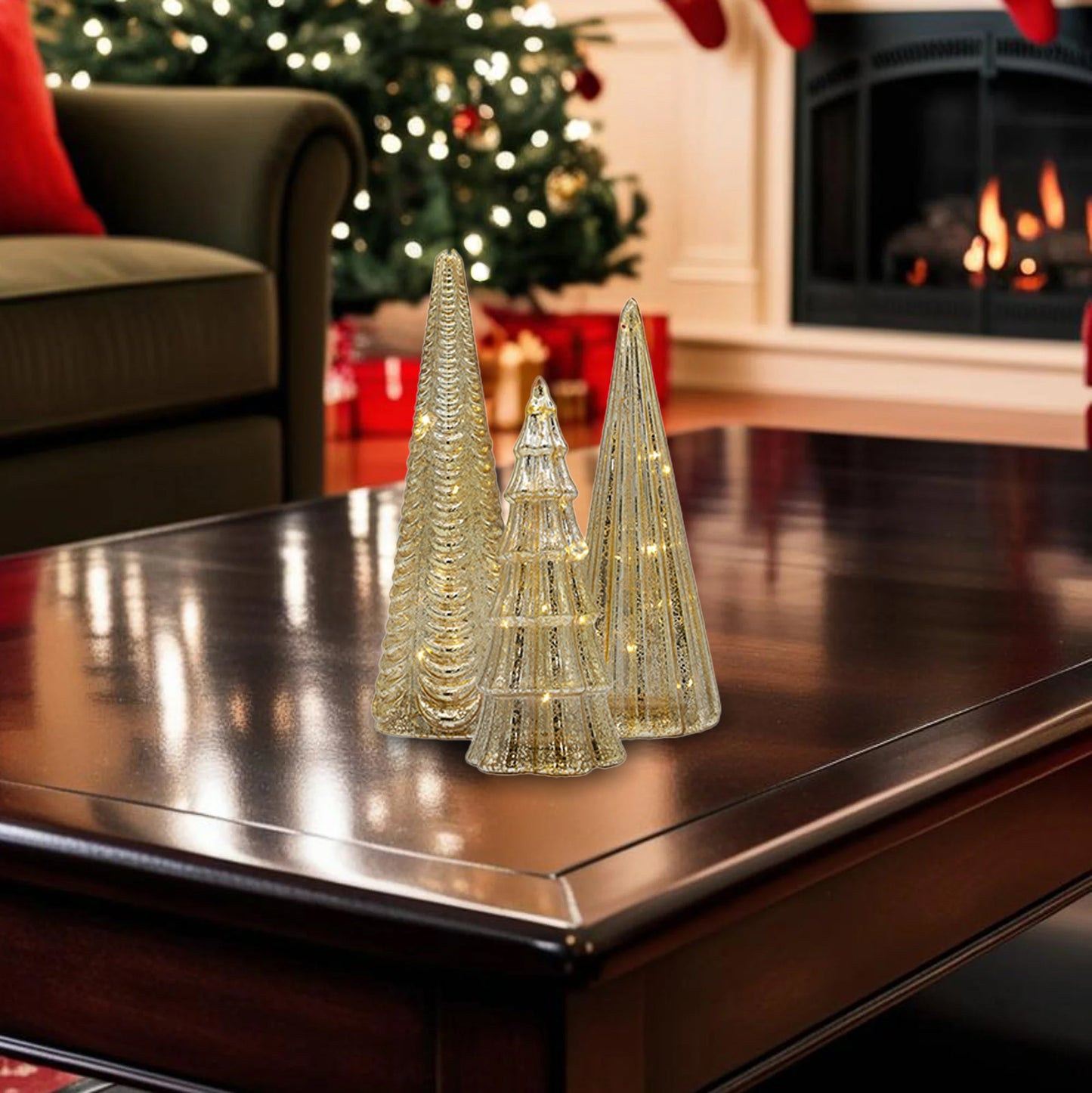Battery-Operated Gold Mercury Trees - Set of 3