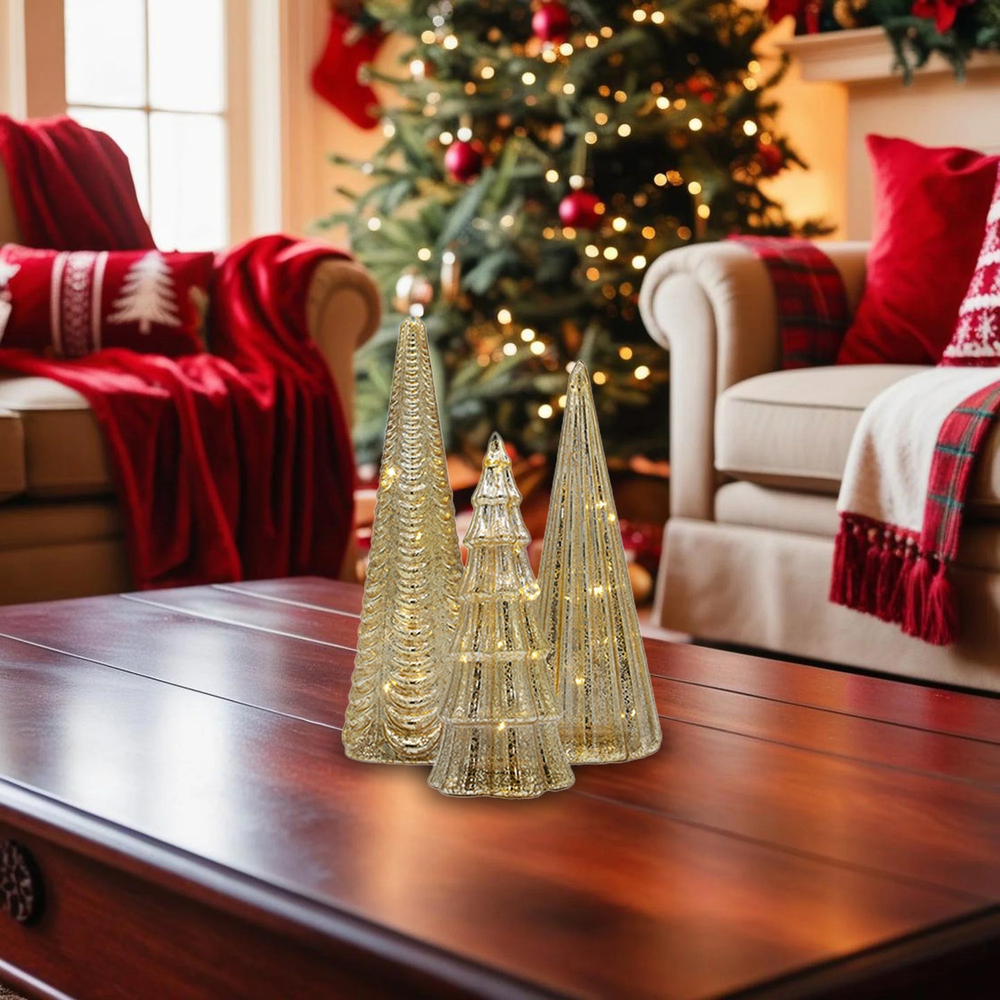 Battery-Operated Gold Mercury Trees - Set of 3