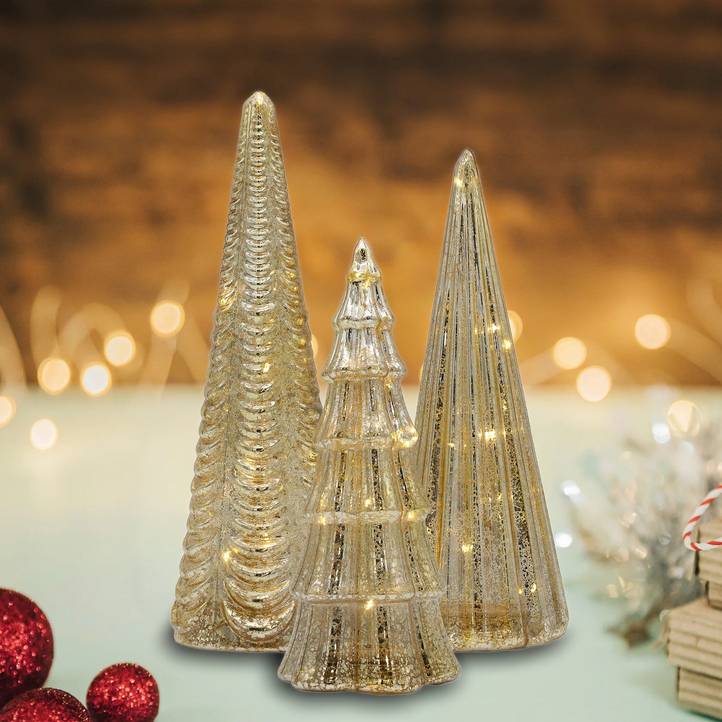 Battery-Operated Gold Mercury Trees - Set of 3