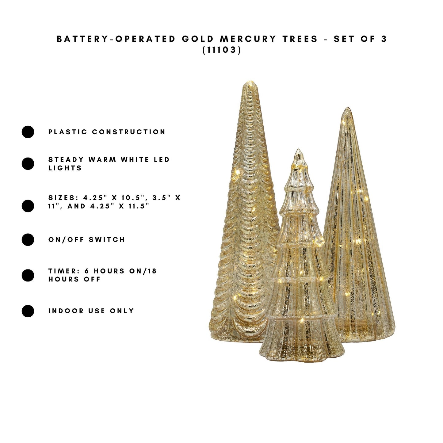 Battery-Operated Gold Mercury Trees - Set of 3