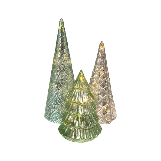 Battery-Operated LED Green & Silver Trees - Set of 3