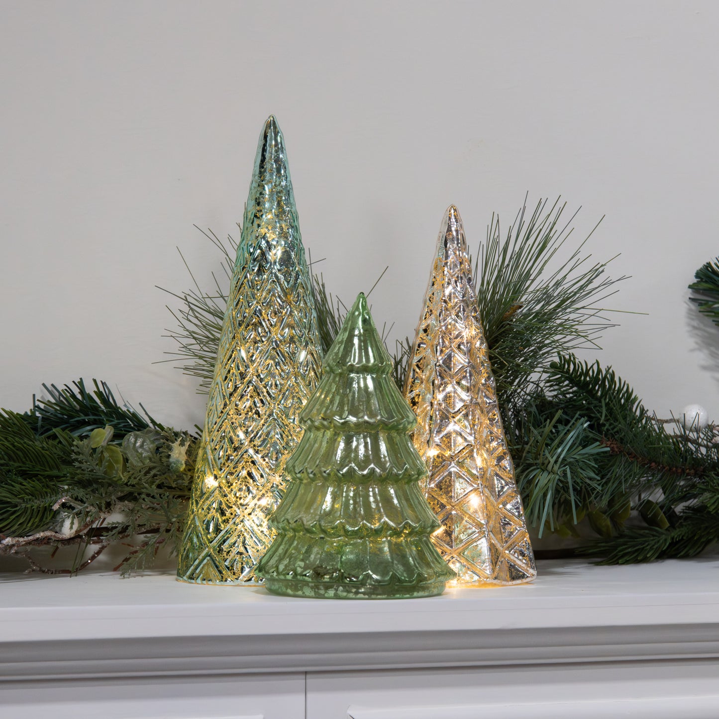 Battery Operated LED Green & Silver Trees - Set of 3