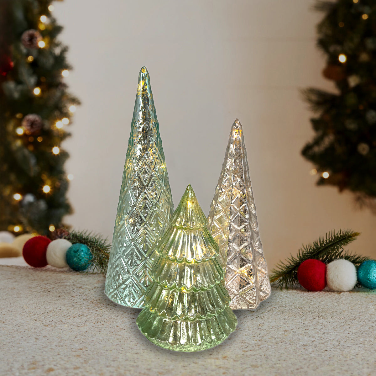 Battery-Operated LED Green & Silver Trees - Set of 3