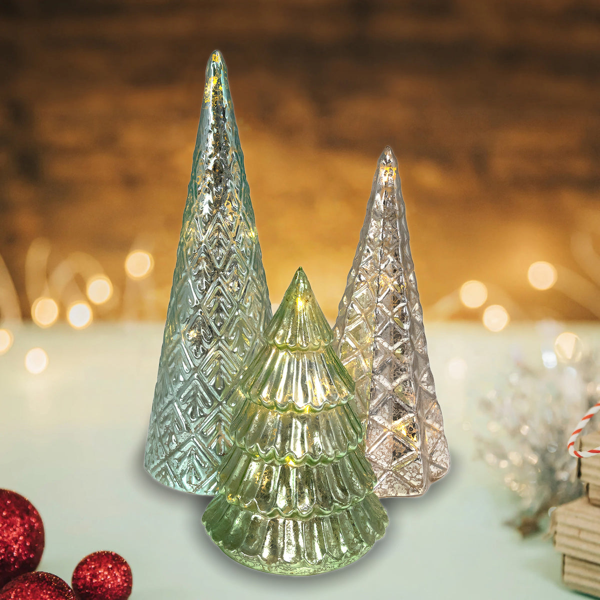 Battery-Operated LED Green & Silver Trees - Set of 3