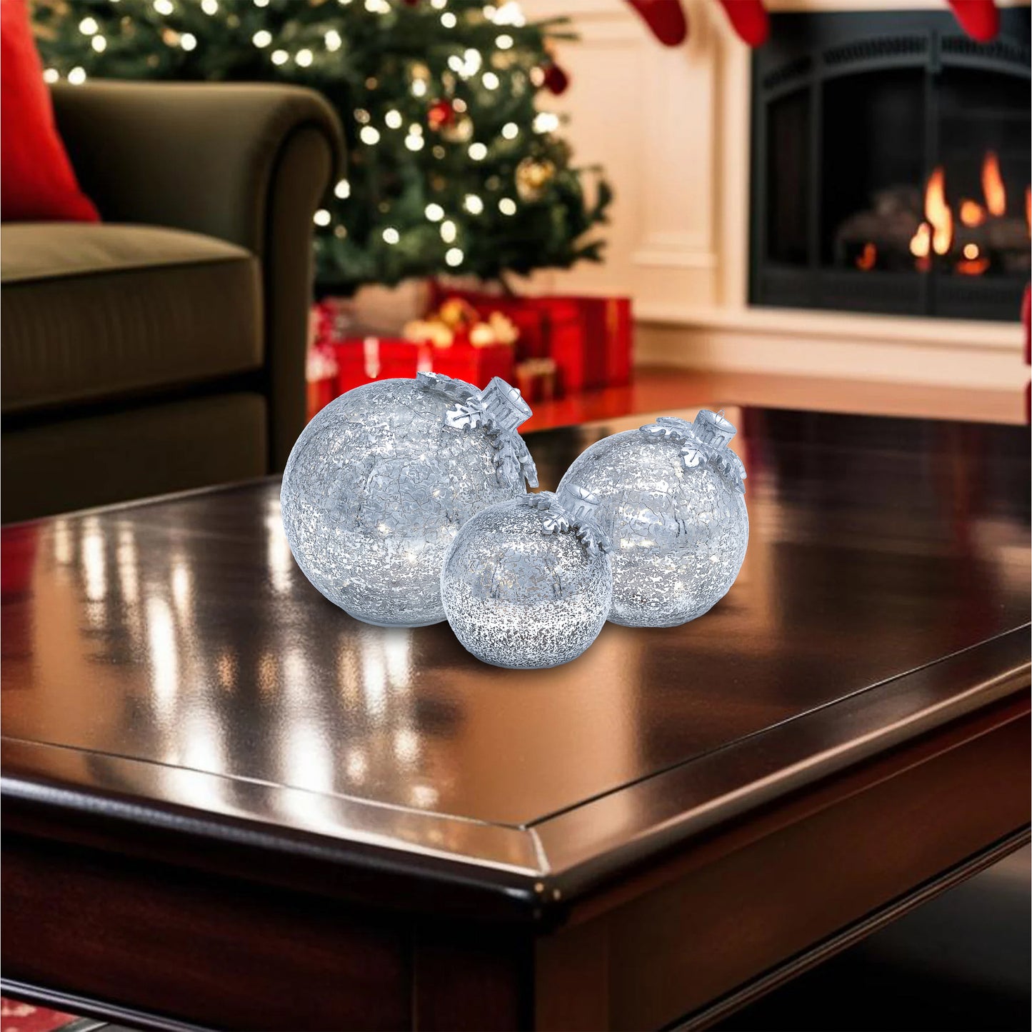 Battery-Operated Glass Tabletop Christmas Ornaments - Set of 3