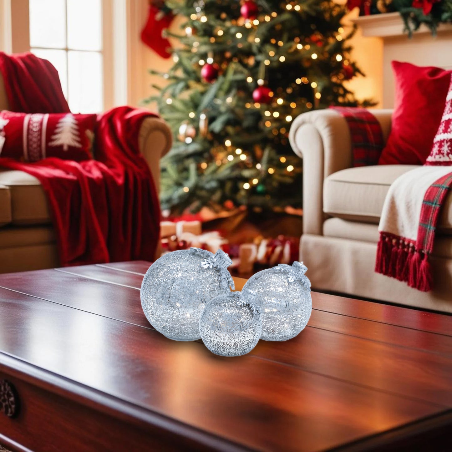 Battery-Operated Glass Tabletop Christmas Ornaments - Set of 3