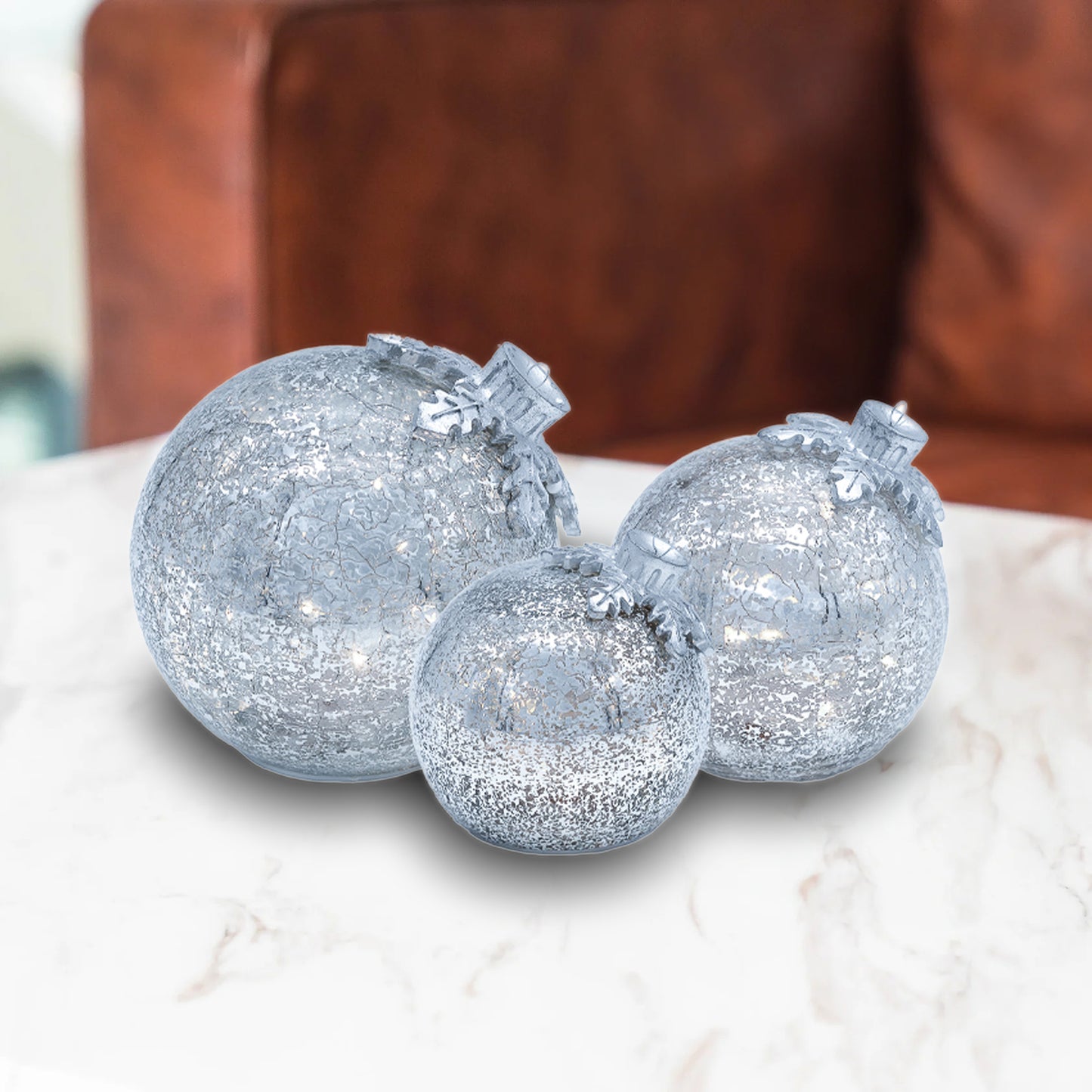 Battery-Operated Glass Tabletop Christmas Ornaments - Set of 3
