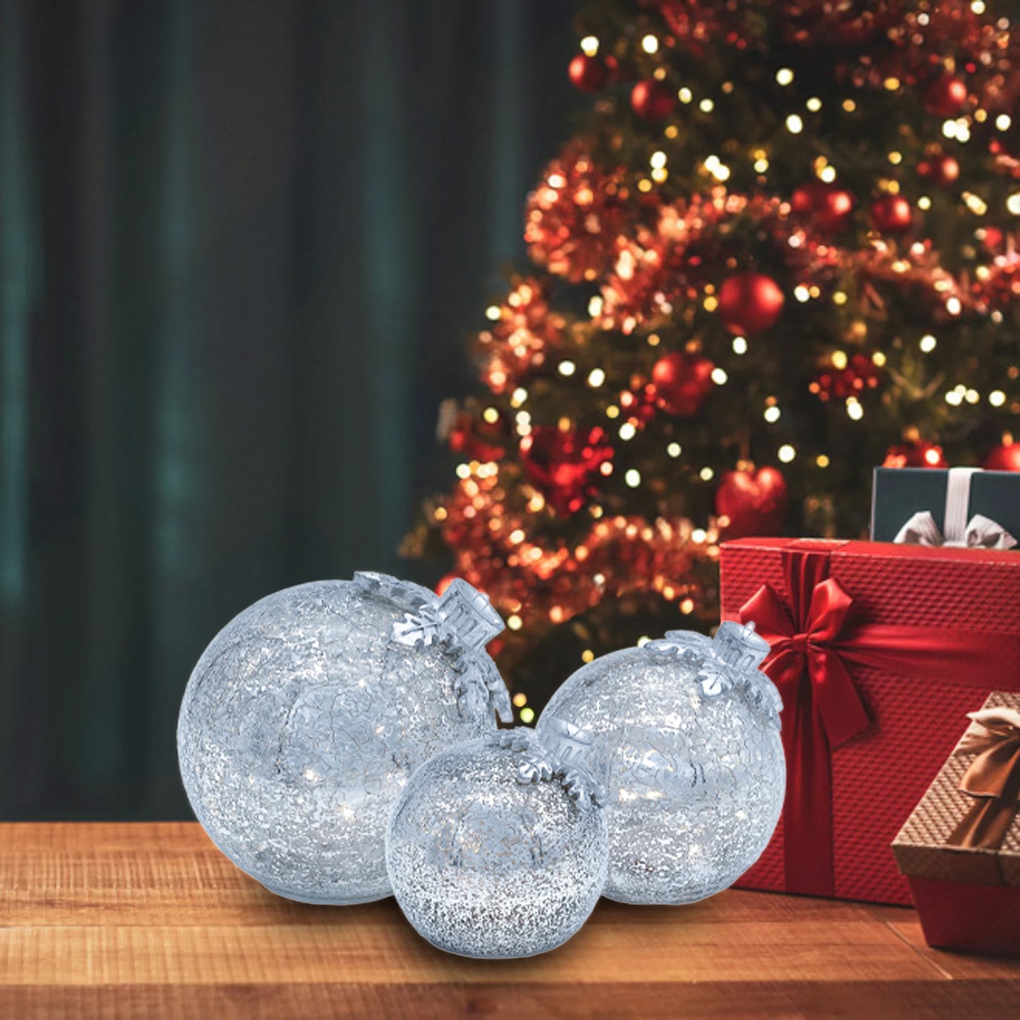 Battery-Operated Glass Tabletop Christmas Ornaments - Set of 3