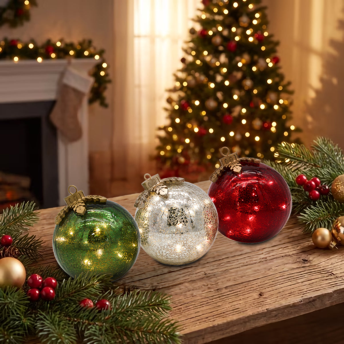 Battery-Operated Glass Tabletop Christmas Ornaments - Set of 3