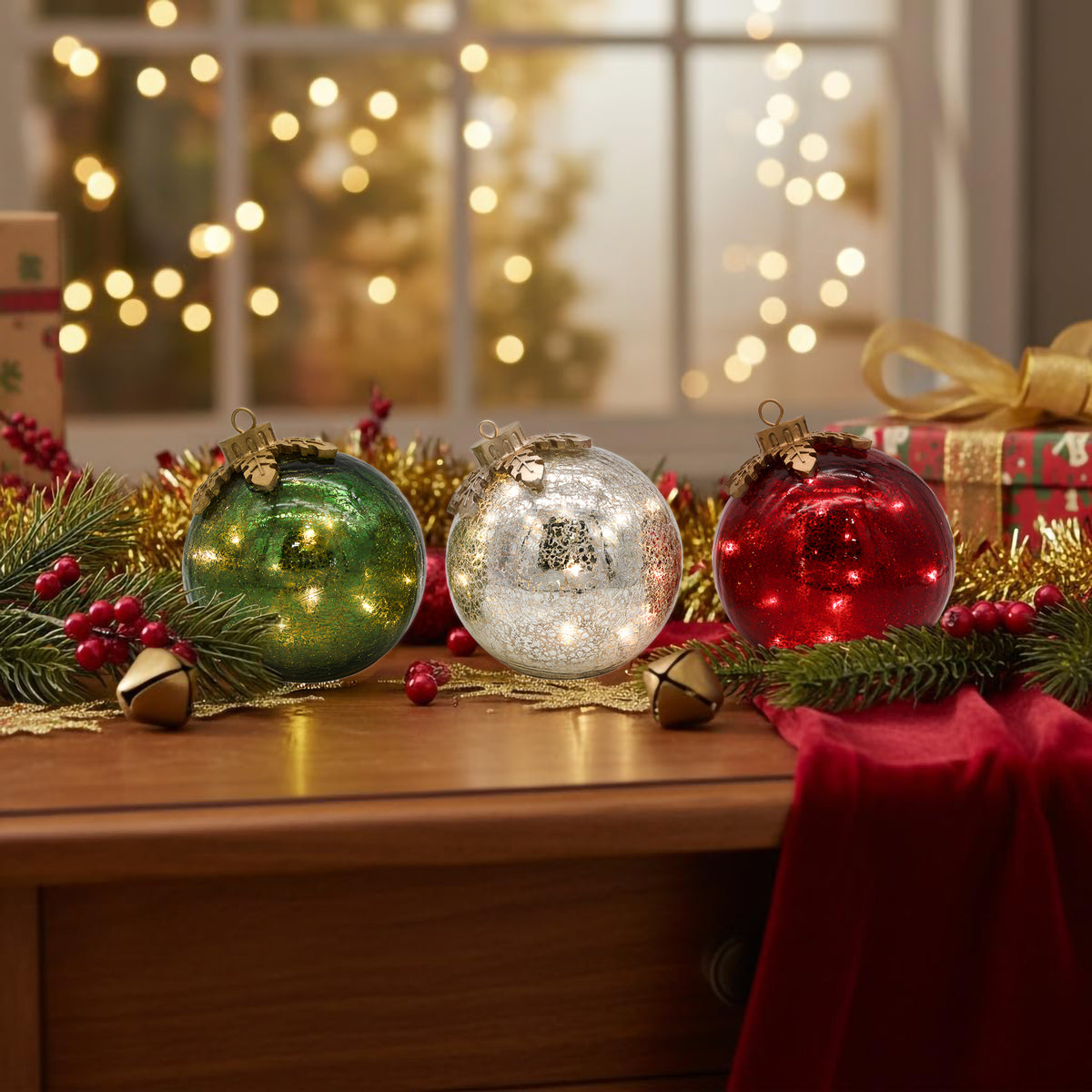 Battery-Operated Glass Tabletop Christmas Ornaments - Set of 3