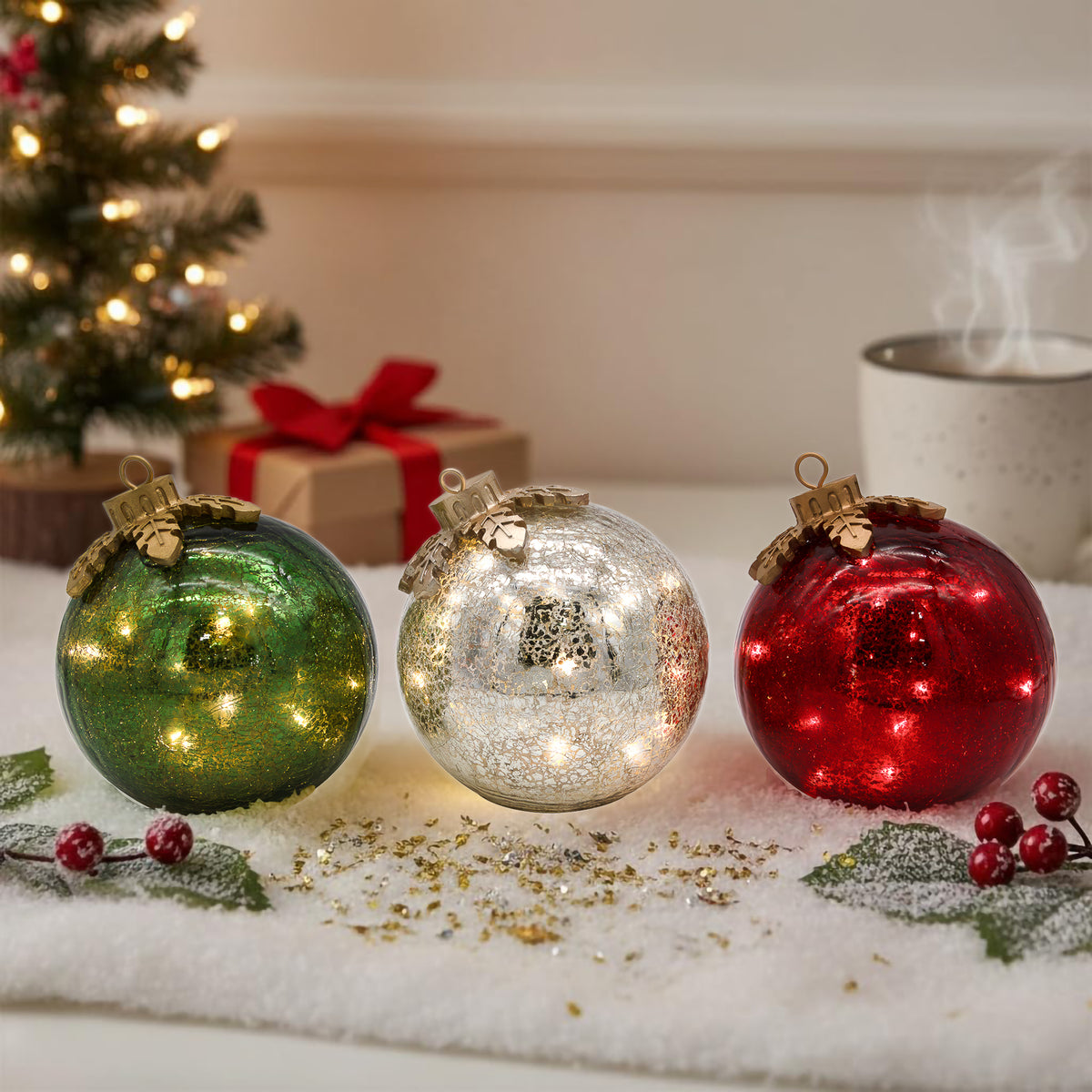 Battery-Operated Glass Tabletop Christmas Ornaments - Set of 3