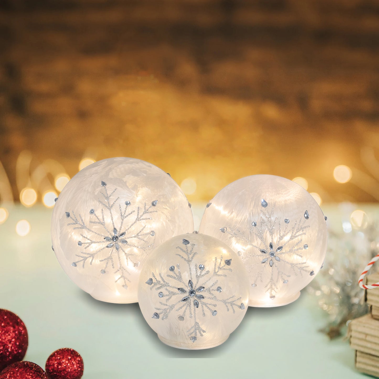 Battery-Operated Glass Snowflake Globes - Set of 3