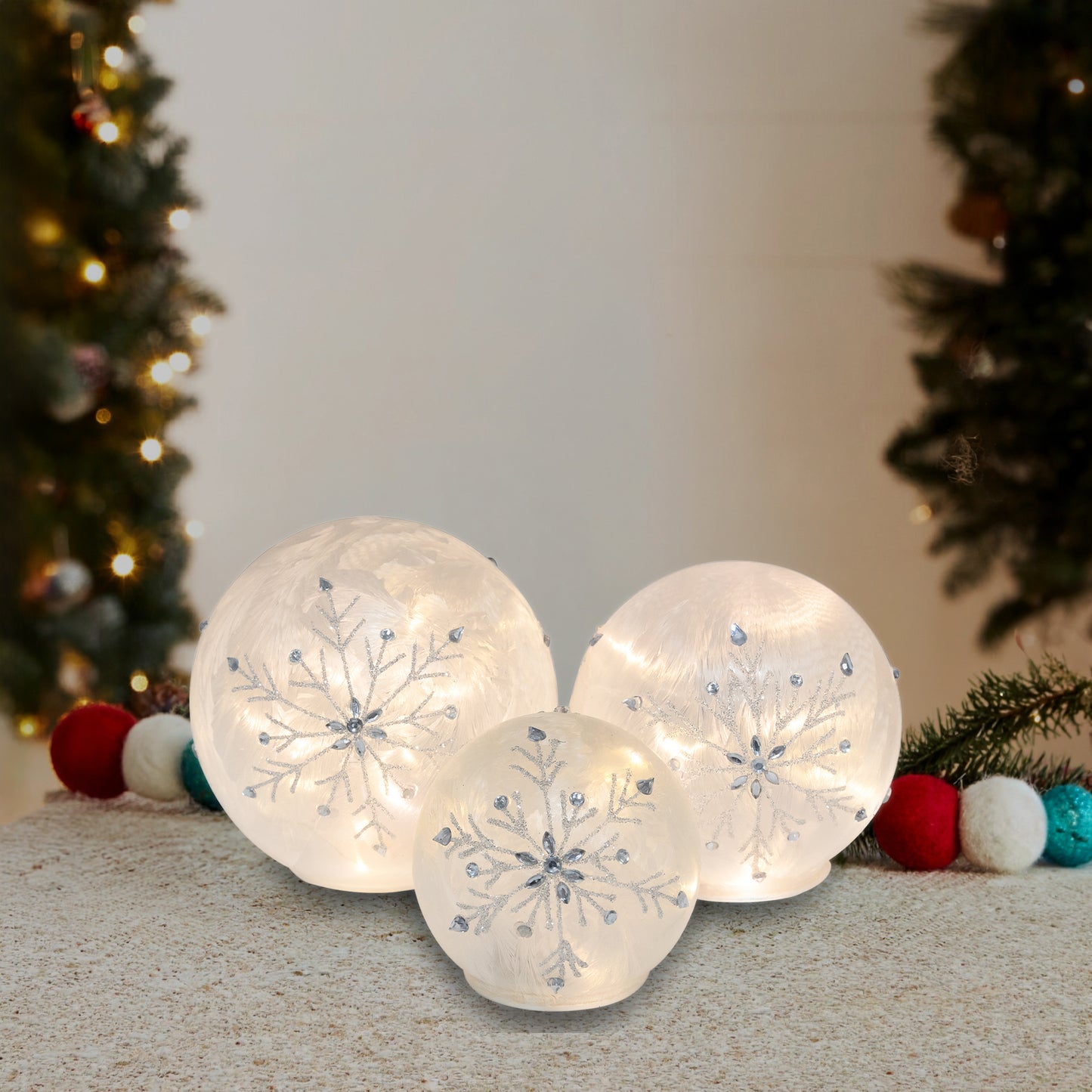 Battery-Operated Glass Snowflake Globes - Set of 3