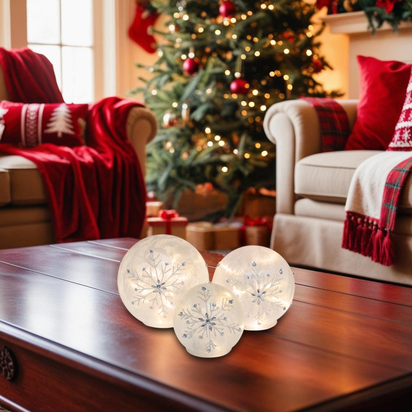 Battery-Operated Glass Snowflake Globes - Set of 3
