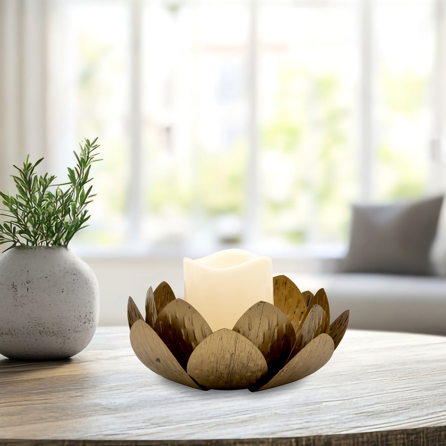 Gold Lotus Metal Candleholder with Battery Operated LED Candle