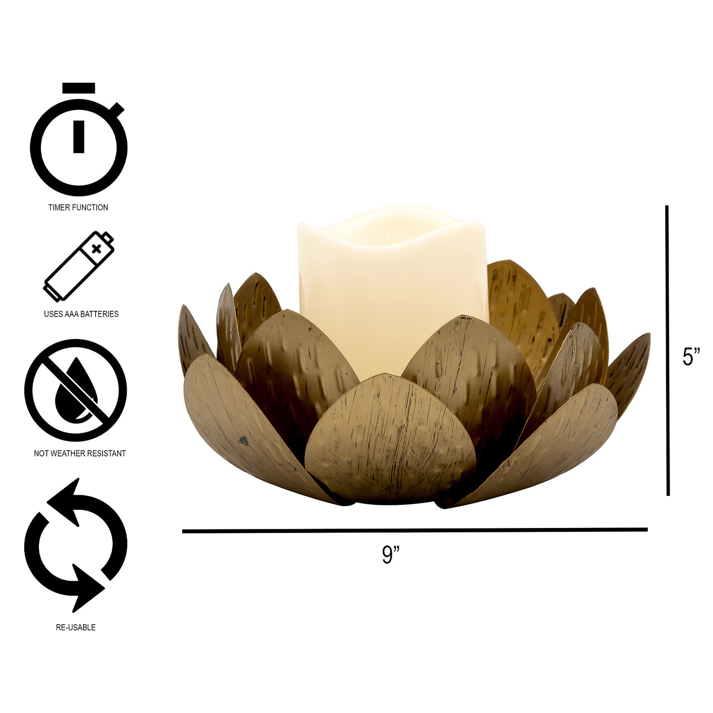 Gold Lotus Metal Candleholder with Battery Operated LED Candle