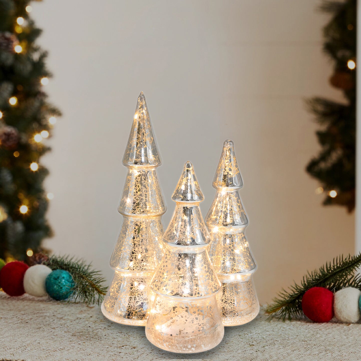 Battery-Operated Silver Mercury Glass Trees - Set of 3