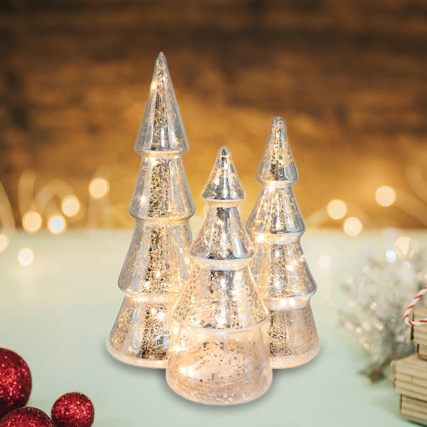 Battery-Operated Silver Mercury Glass Trees - Set of 3