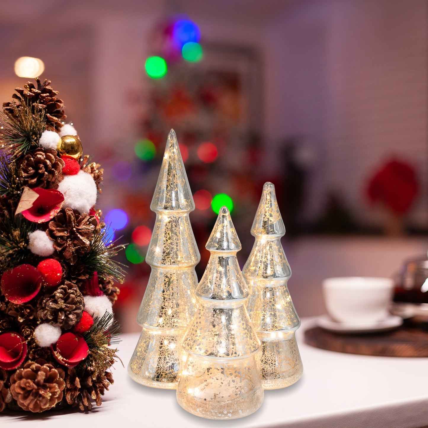 Battery Operated Silver Mercury Glass Trees - Set of 3