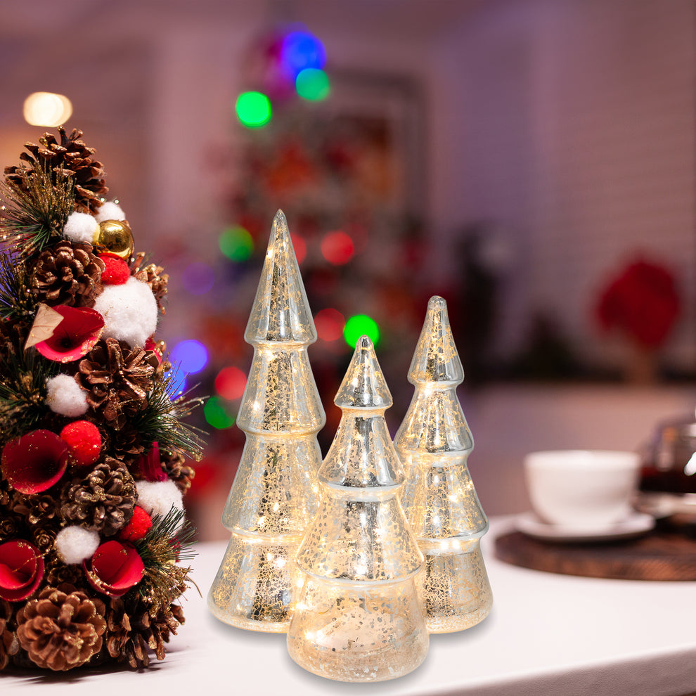 Battery-Operated Silver Mercury Glass Trees - Set of 3 – LumaBase