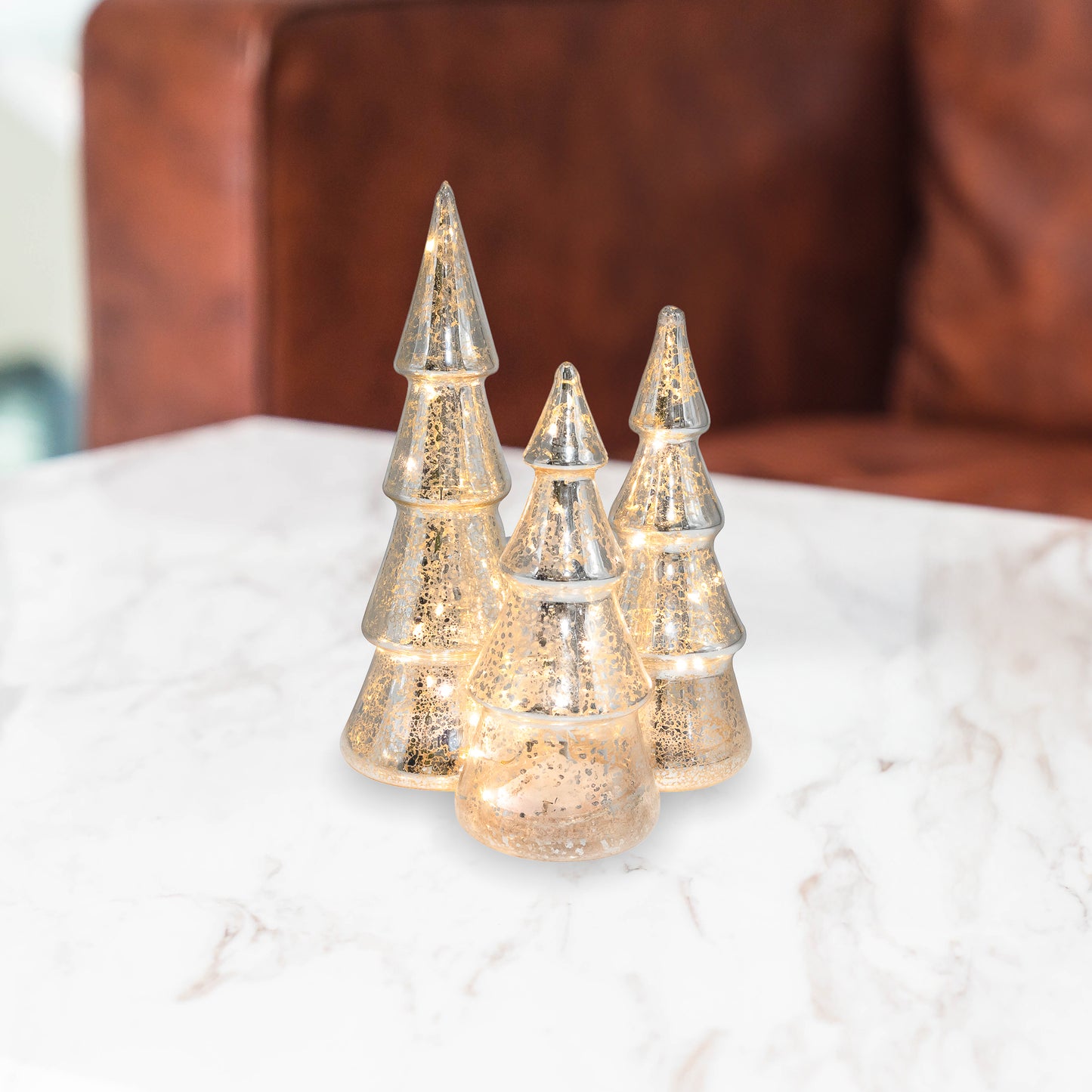 Battery Operated Silver Mercury Glass Trees - Set of 3
