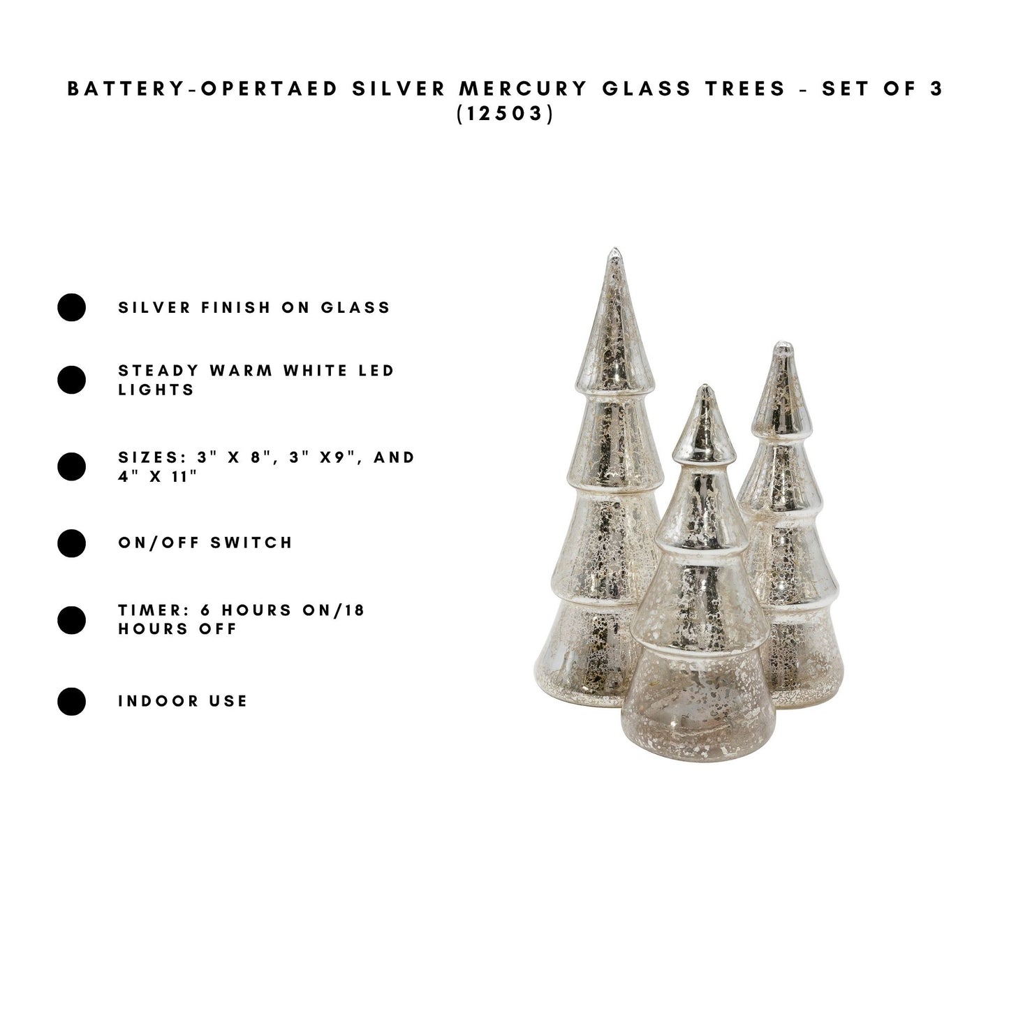 Battery-Operated Silver Mercury Glass Trees - Set of 3
