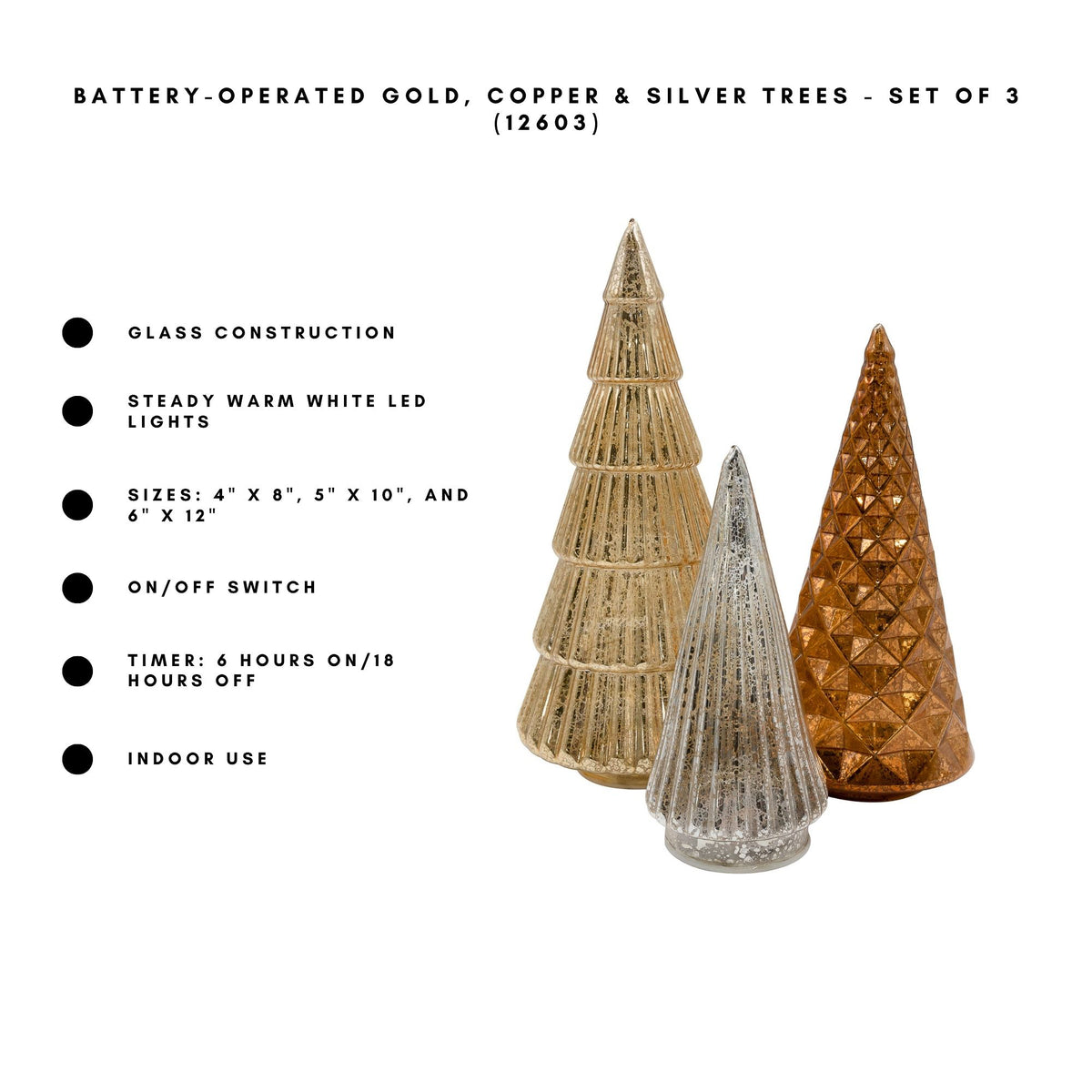 Battery-Operated Gold, Copper & Silver Trees - Set of 3