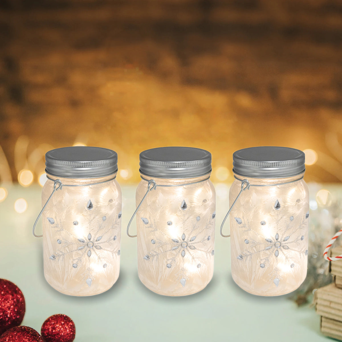 Battery-Operated Silver Snowflake Glass Mason Jars - Set of 3