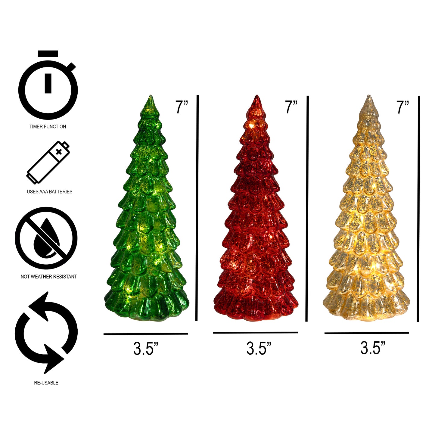 Battery Operated LED Glass Christmas Trees - Set of 3