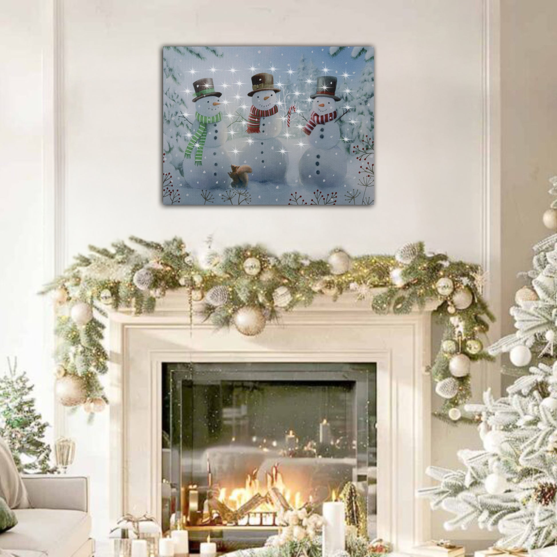 Decorated living room with a fireplace, Christmas tree, and festive wall art.