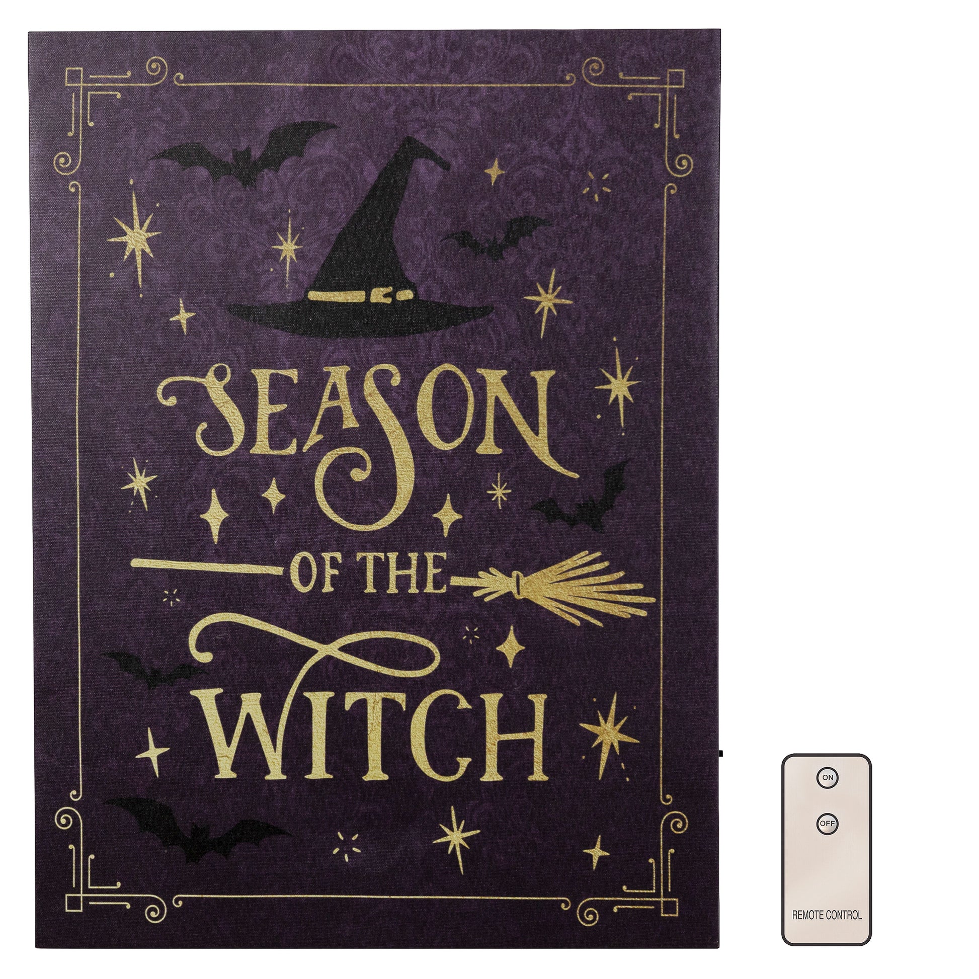 Halloween-themed decorative item with 'Season of the Witch' text on a purple background.