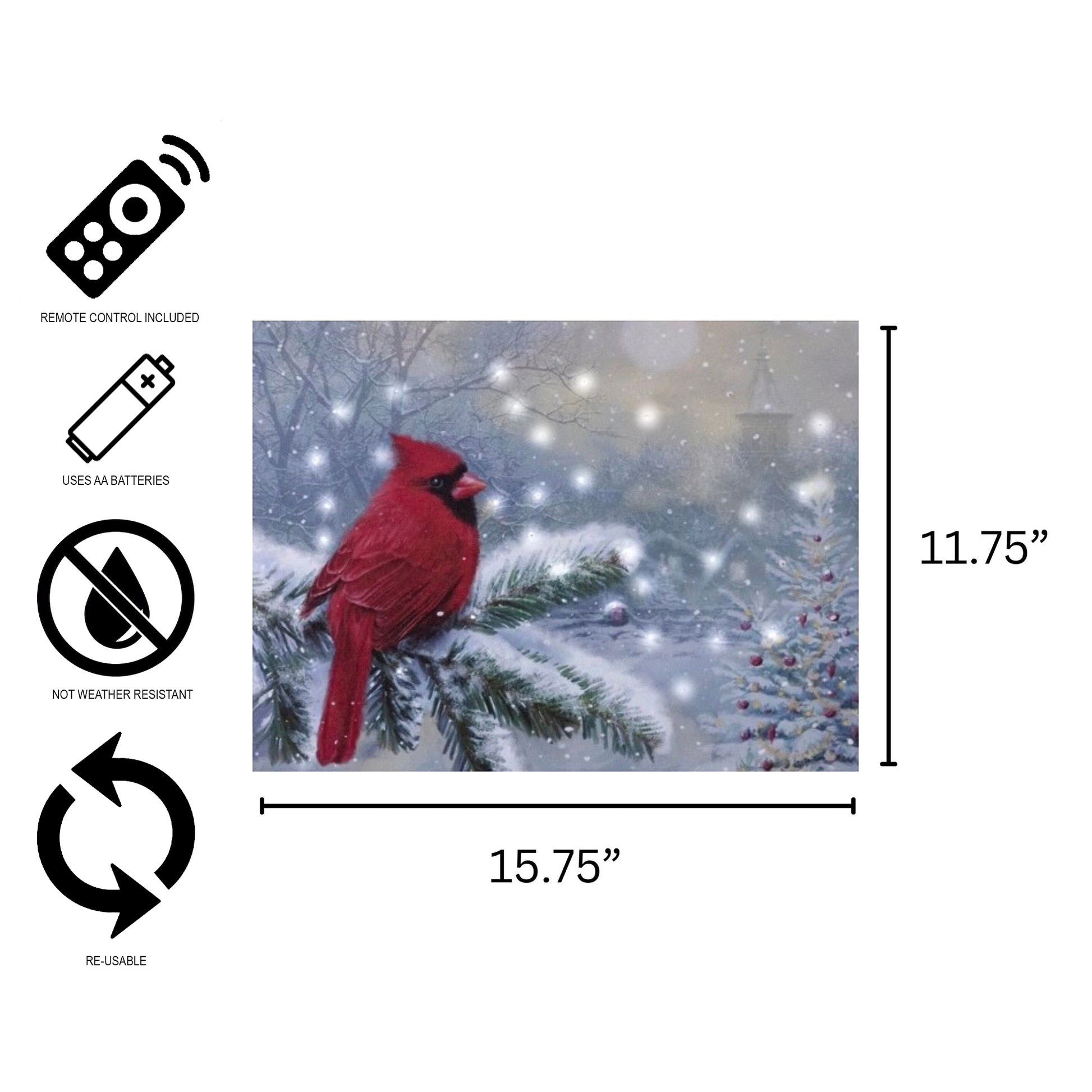 Wall art print of a cardinal on a branch with snow, remote control included, dimensions shown