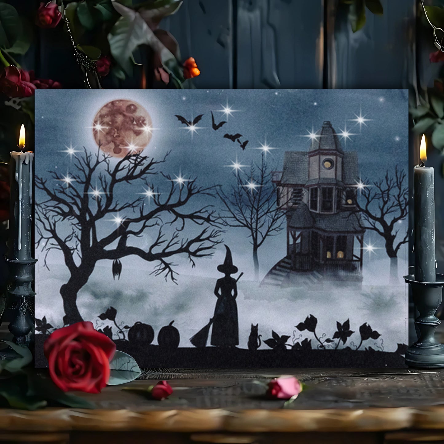 Halloween-themed canvas with a witch, haunted house, and moonlit night scene.