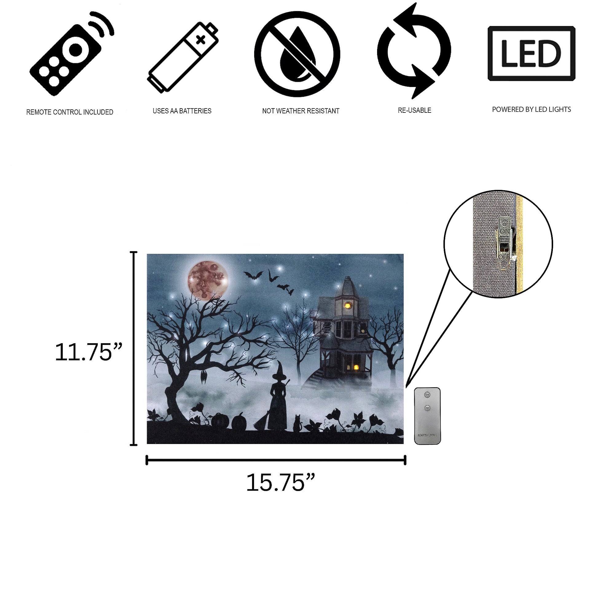 Canvas wall art with Halloween-themed design, dimensions, and feature icons on a white background.