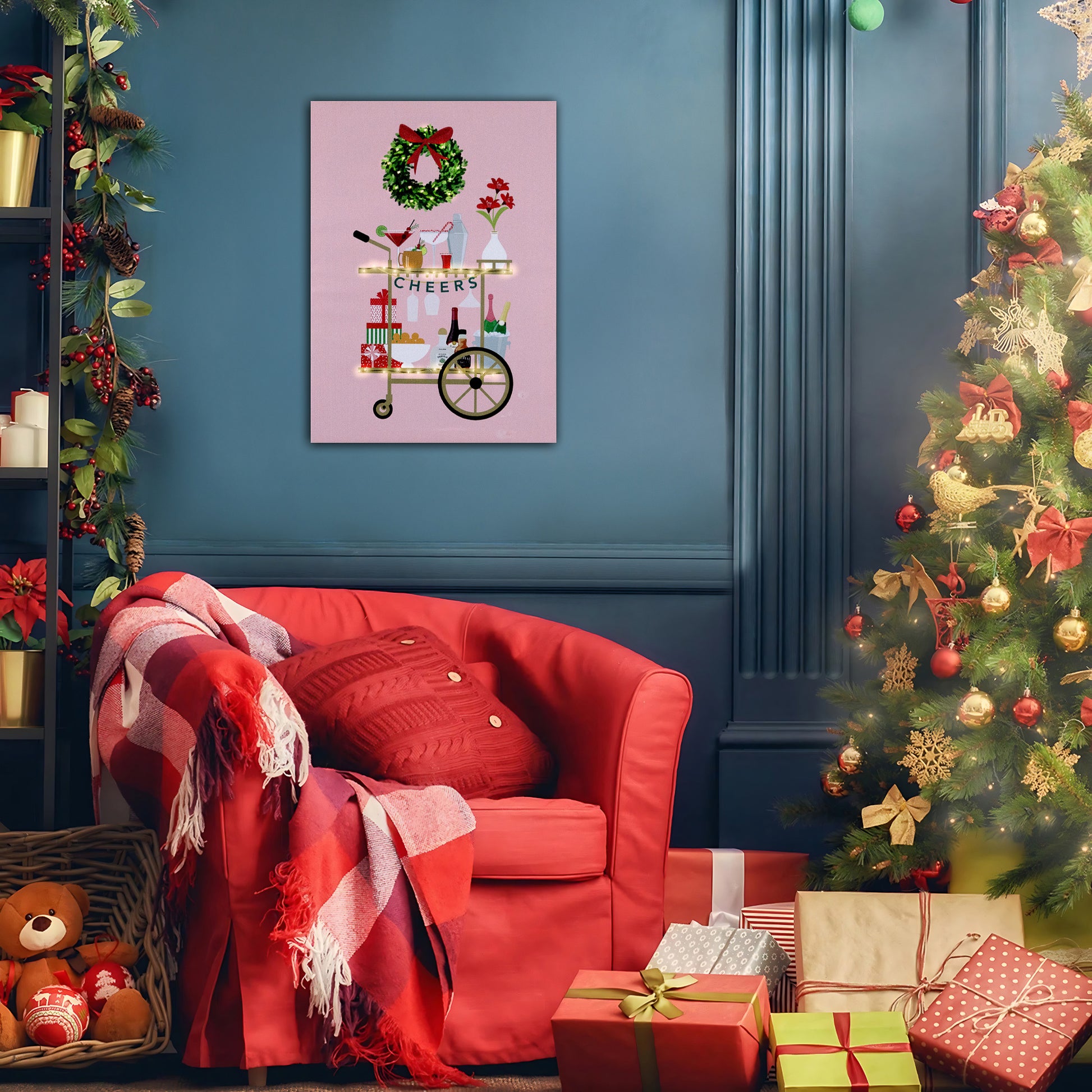 Decorative living room with a red armchair, Christmas tree, and festive decorations.