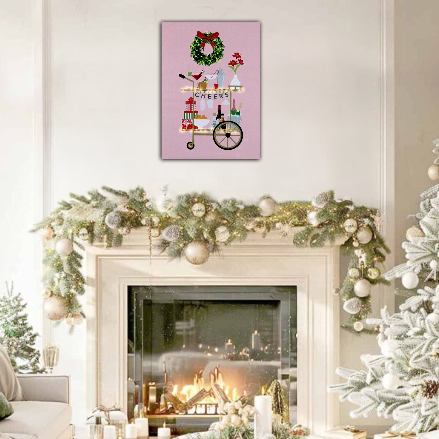 Decorated living room with Christmas tree, fireplace, and festive wall art.