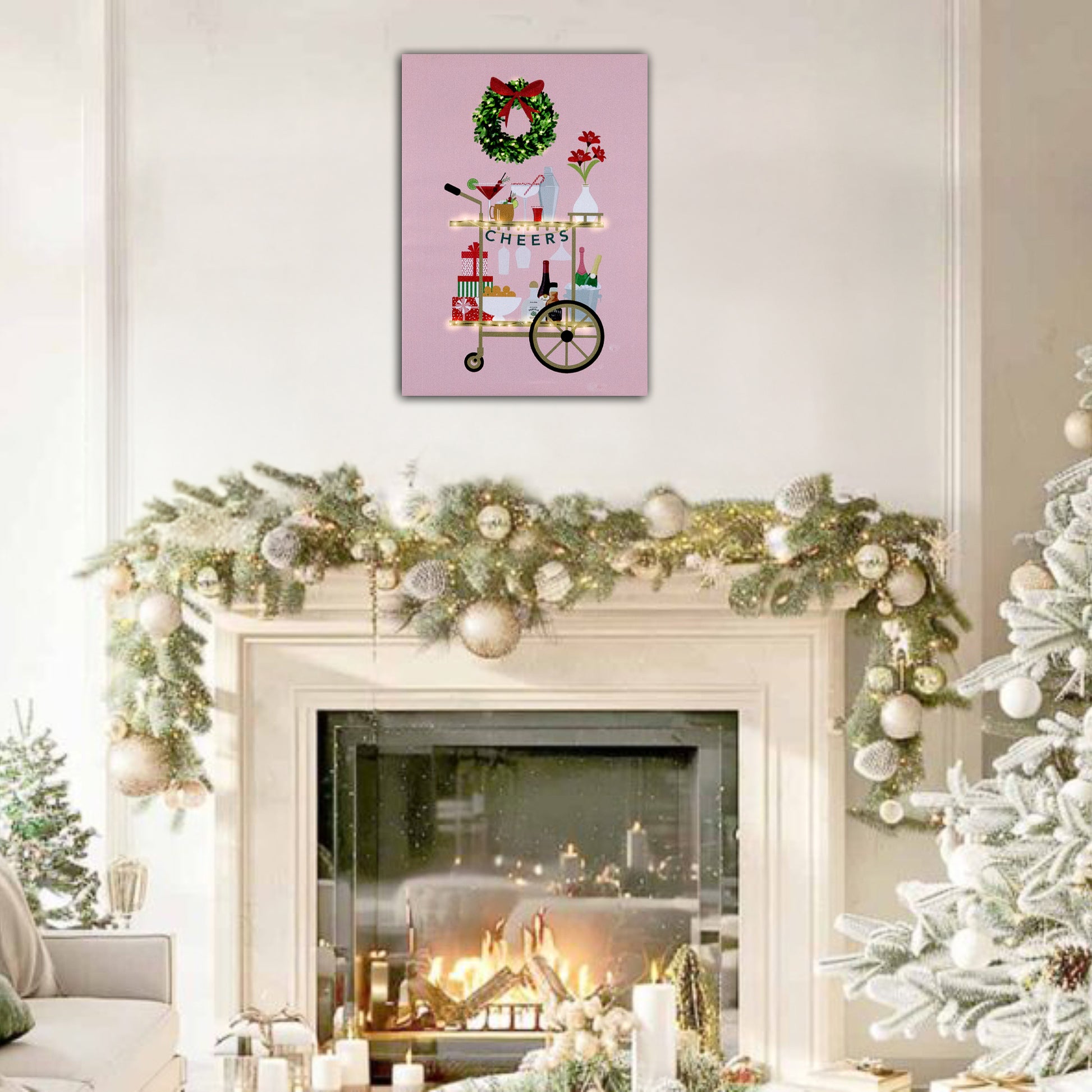 Decorated living room with Christmas tree, fireplace, and festive wall art.