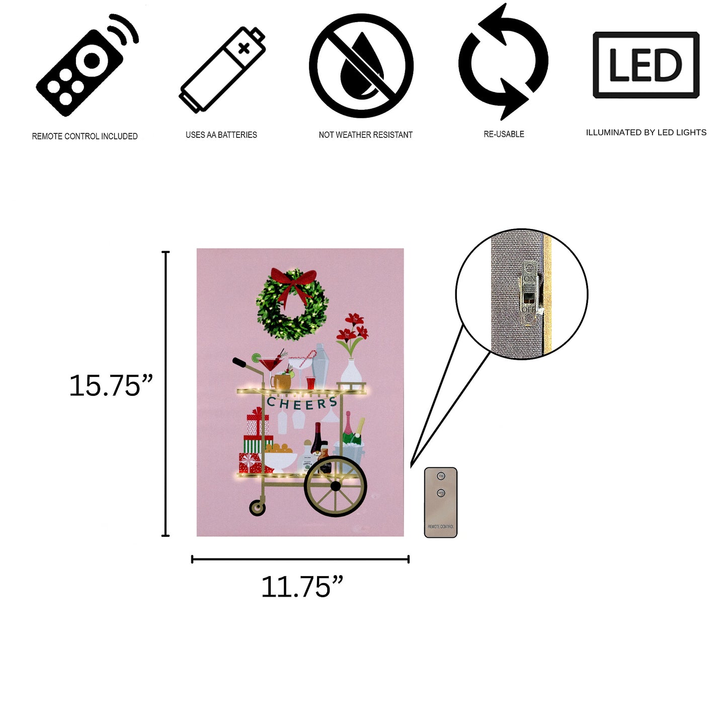 Product details with dimensions, features, and remote control illustration on a white background.
