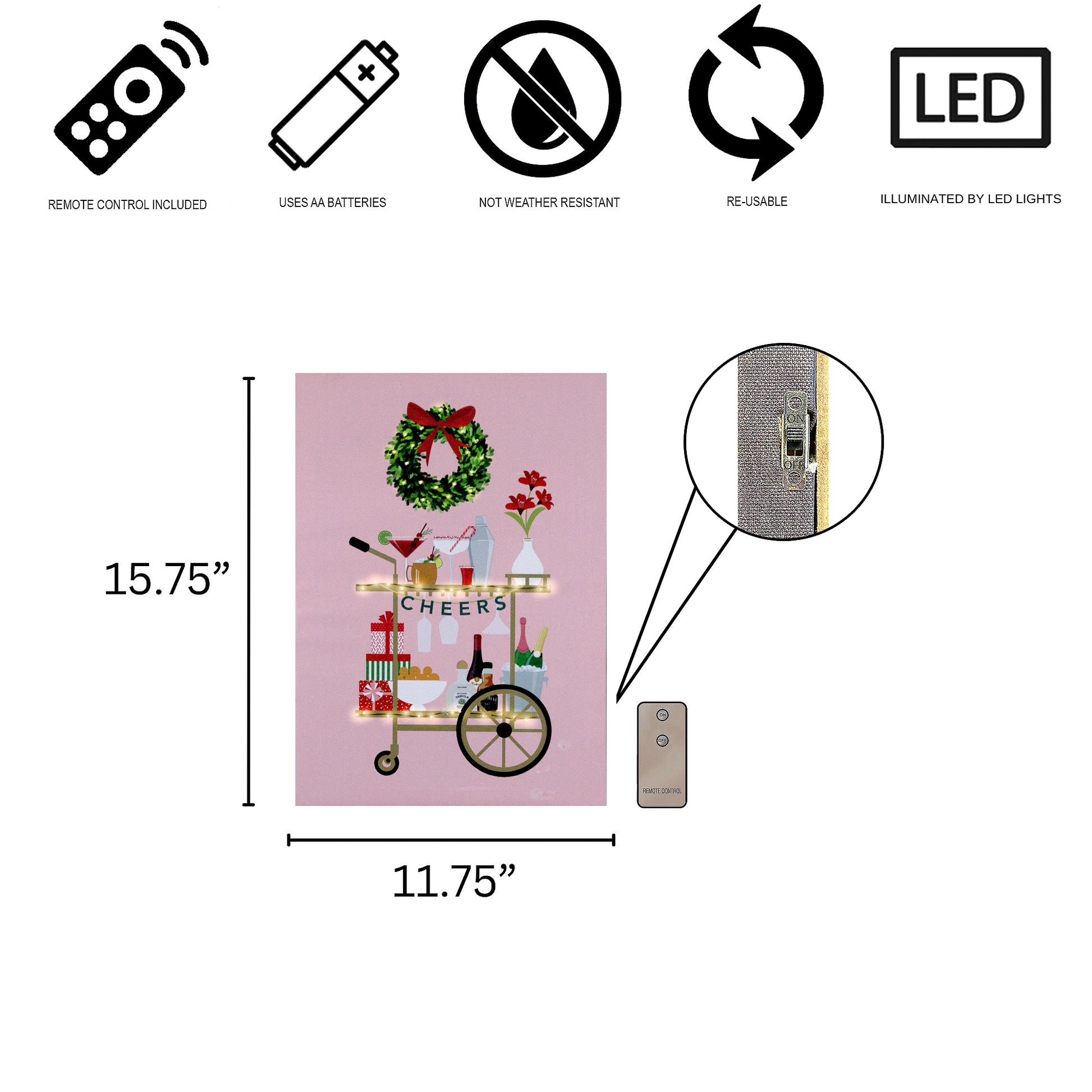 Product details with dimensions, features, and remote control illustration on a white background.