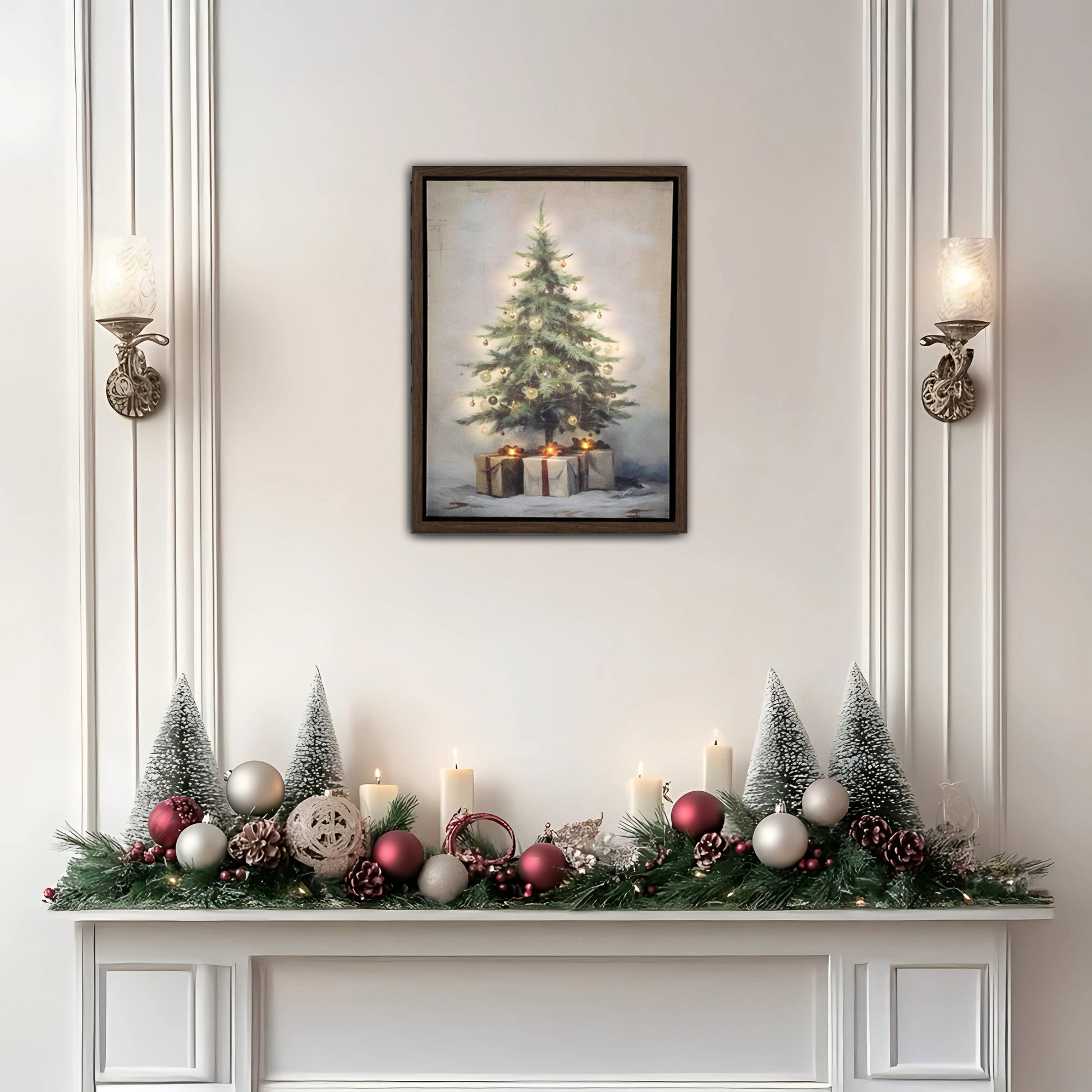 Decorative Christmas mantel with festive decorations against a white wall with a framed picture of a Christmas tree.