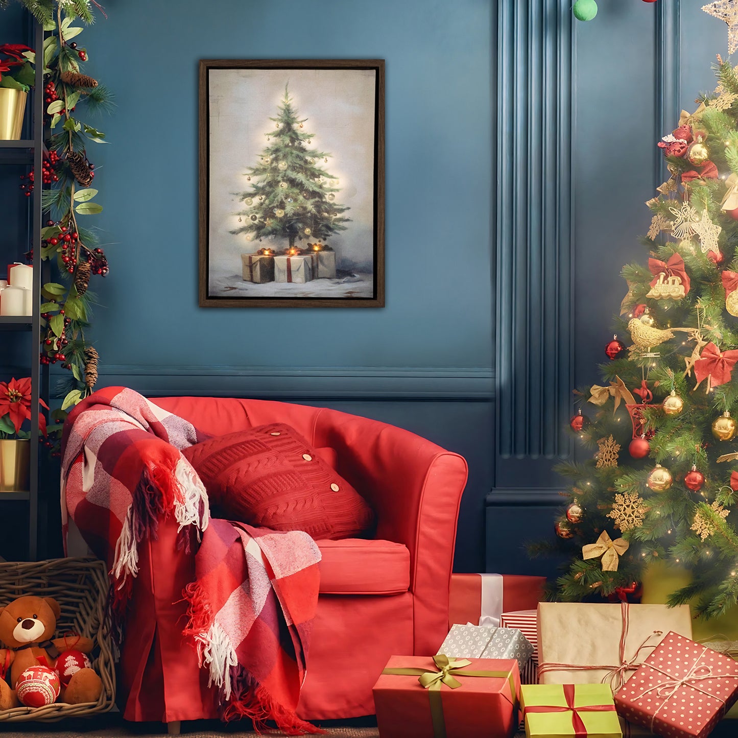 Cozy living room with a red armchair, Christmas tree, and presents.