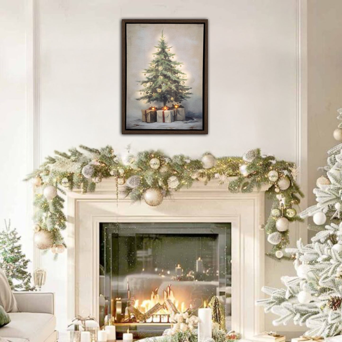 Decorated fireplace with Christmas tree and garland in a cozy living room.