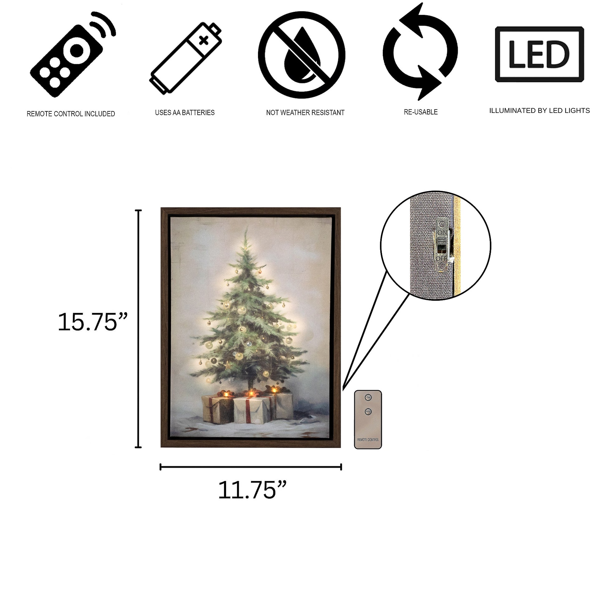 Canvas wall art with Christmas tree design, dimensions, and feature icons on a white background.