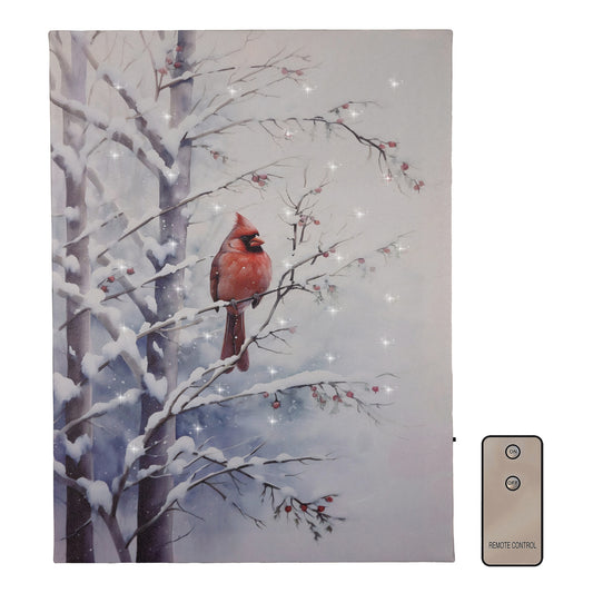 A canvas print depicting a red cardinal bird perched on a snow-covered branch, with a remote control, against a white background.