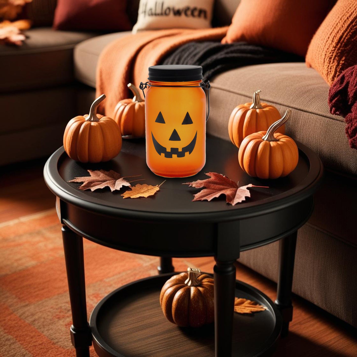 Battery-Operated Flame-Effect Jack O' Lantern Mason Jar