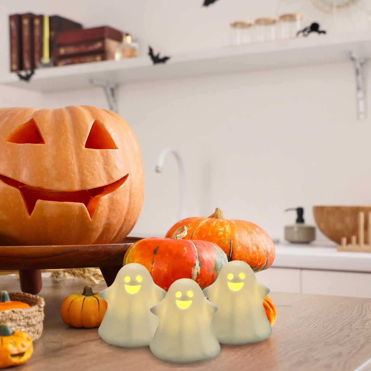 Battery-Operated Ceramic Ghosts - Set of 3