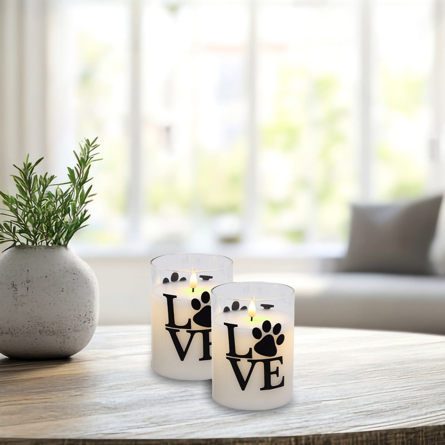 Battery-Operated LED Glass Candles with Flickering Flame, Love Paw - Set of 2