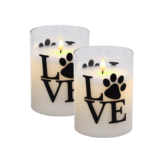 Battery Operated LED Glass Candles with Bullet Flame, Love Paw - Set of 2
