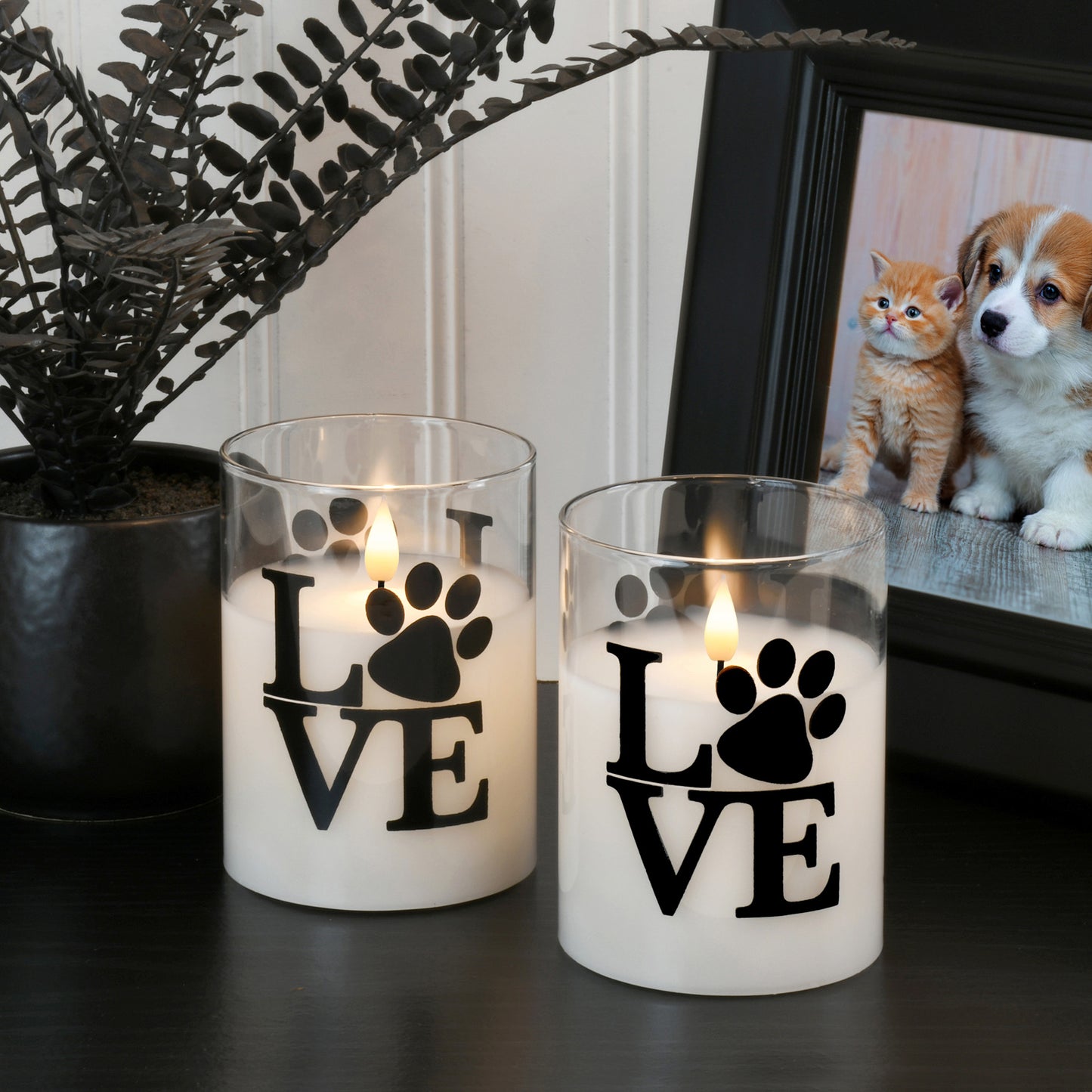 Battery Operated LED Glass Candles with Bullet Flame, Love Paw - Set of 2